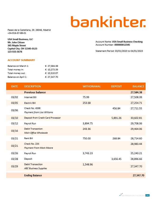 Download Bankinter enterprise statement Word and PDF template Photoshop template